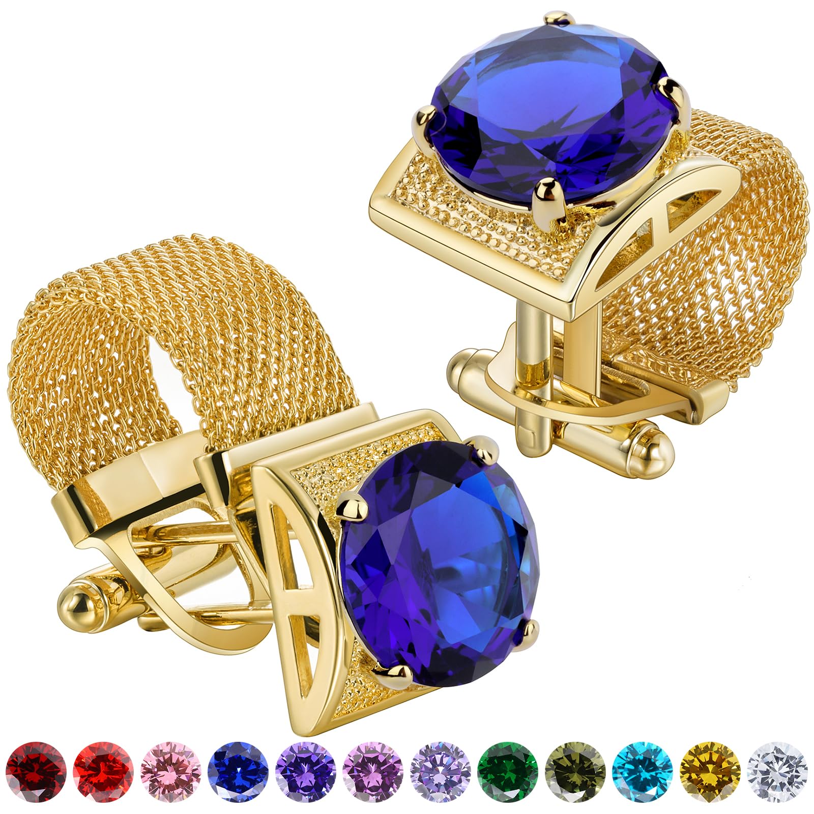 Dress Shirt French Cuff - Men Birthstone Cufflinks Gold Mesh Chain