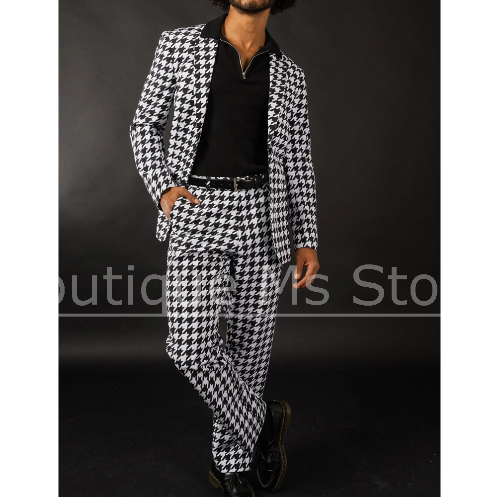 Formal Wear For Men Black Suit - Black White Houndstooth Men's Suit Slim