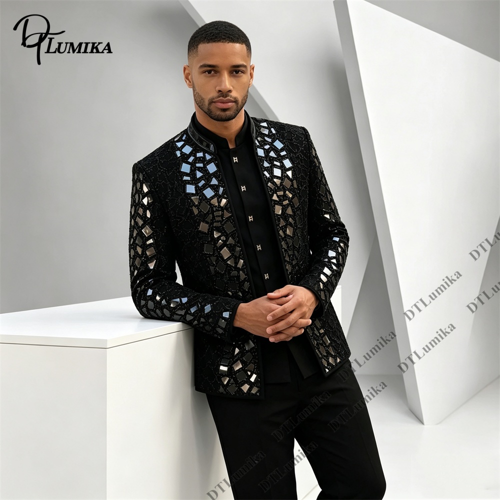 Men Black Mandarin Collar Suit - Formal Wear For Men Black Suit recension och pris