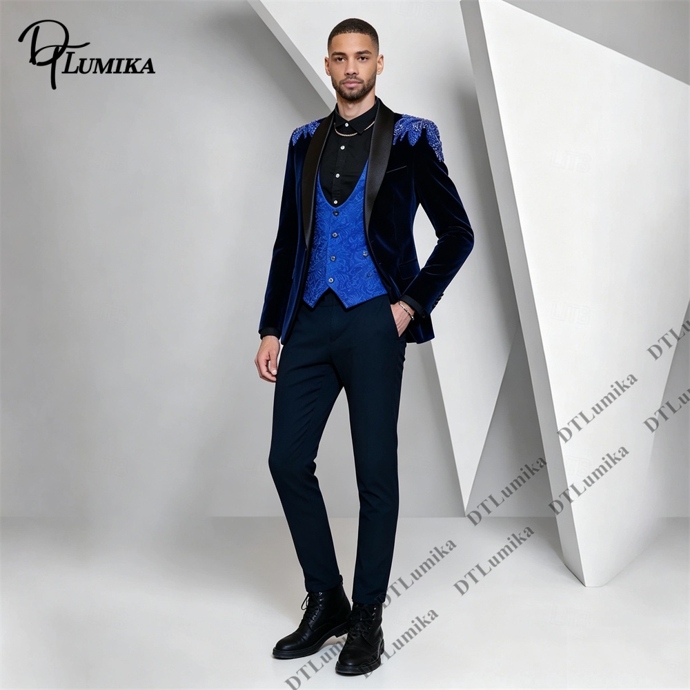 Peagent Men 3 Piece Velvet Sui - Formal Wear For Men Black Suit recension och pris